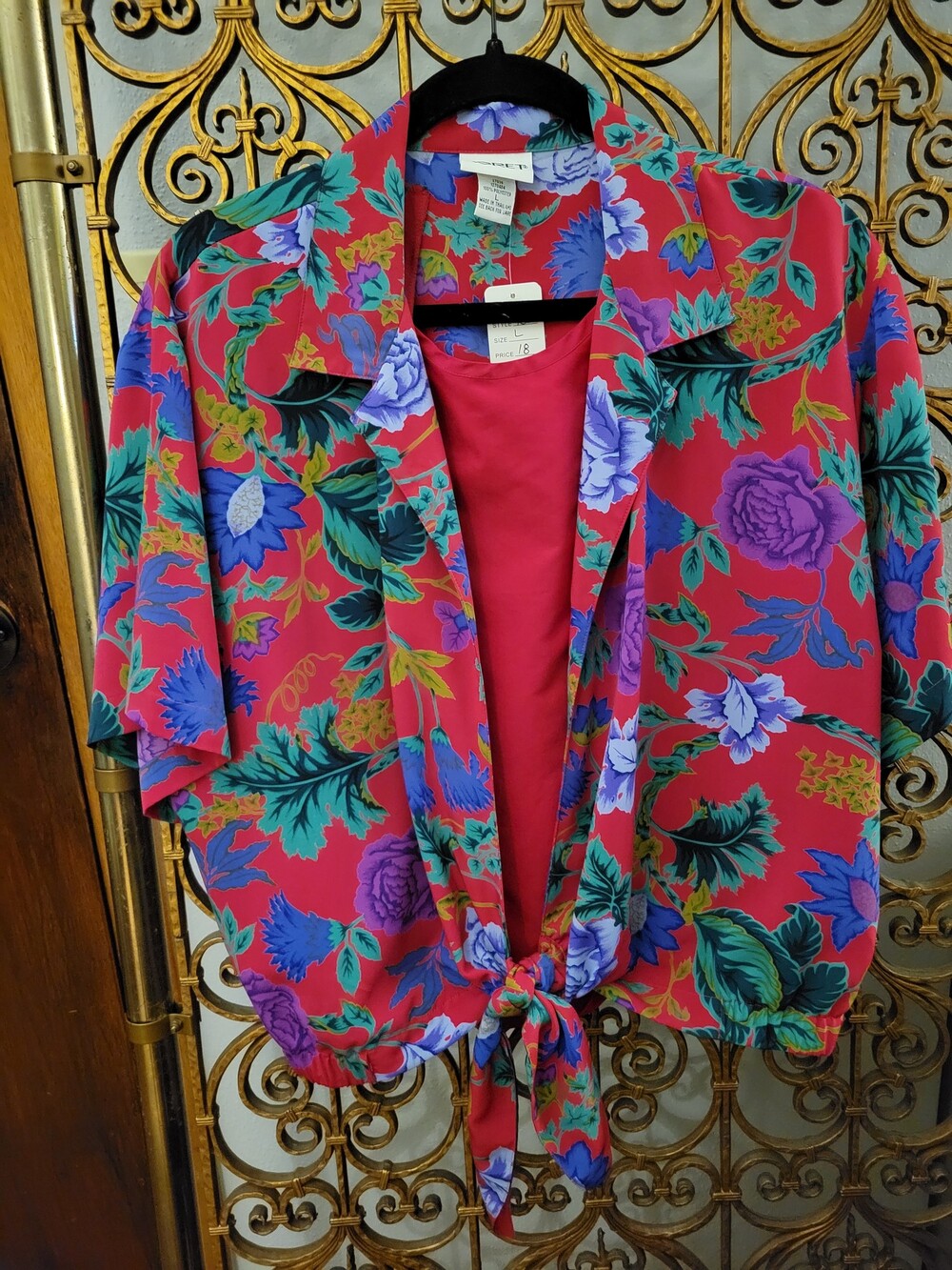 Vintage 90s Koret Large Red Floral Polyester Tie Front Blouse